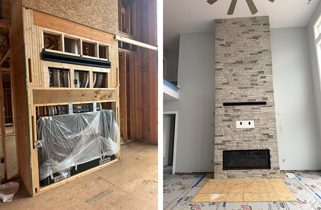 Two fireplace installations: unfinished wood-framed unit and finished stone fireplace in a bright living room