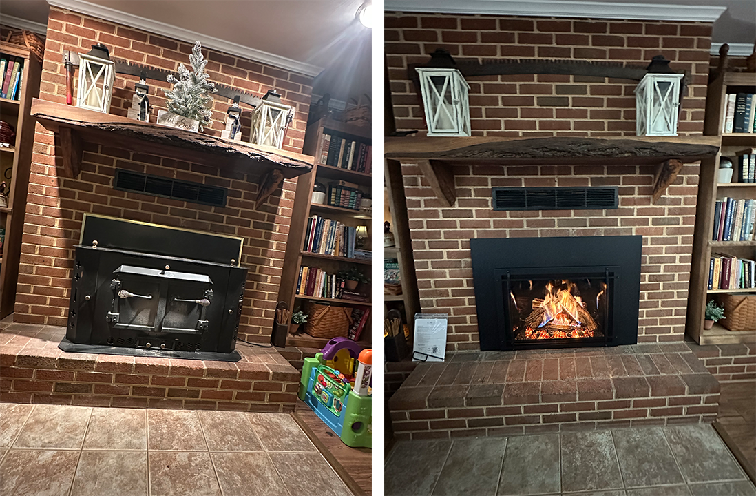 Side-by-side brick fireplaces: one dark, one lit with a gas fire in a living room.