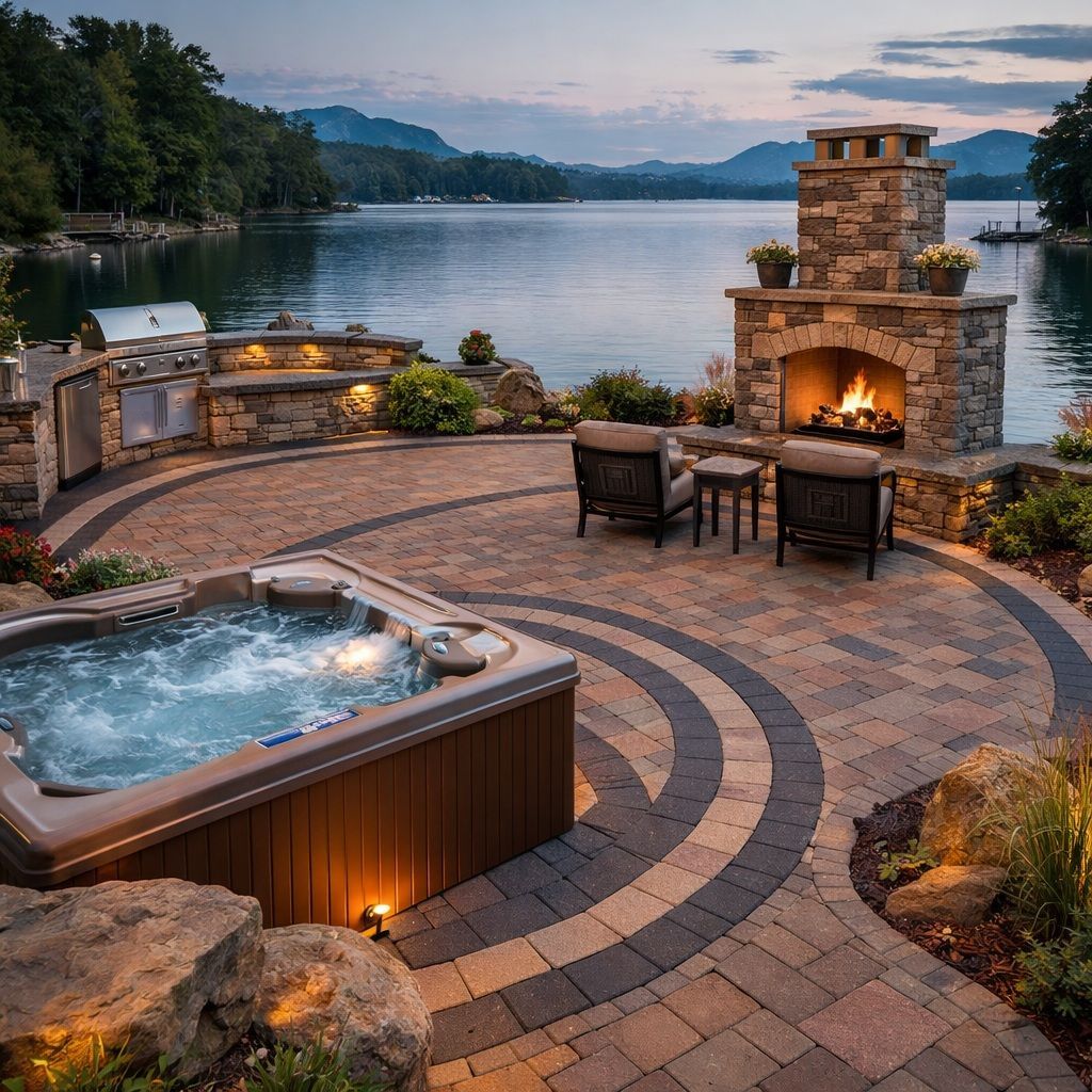 Lakefront patio with lit stone fireplace, circular paver seating area, and bubbling hot tub