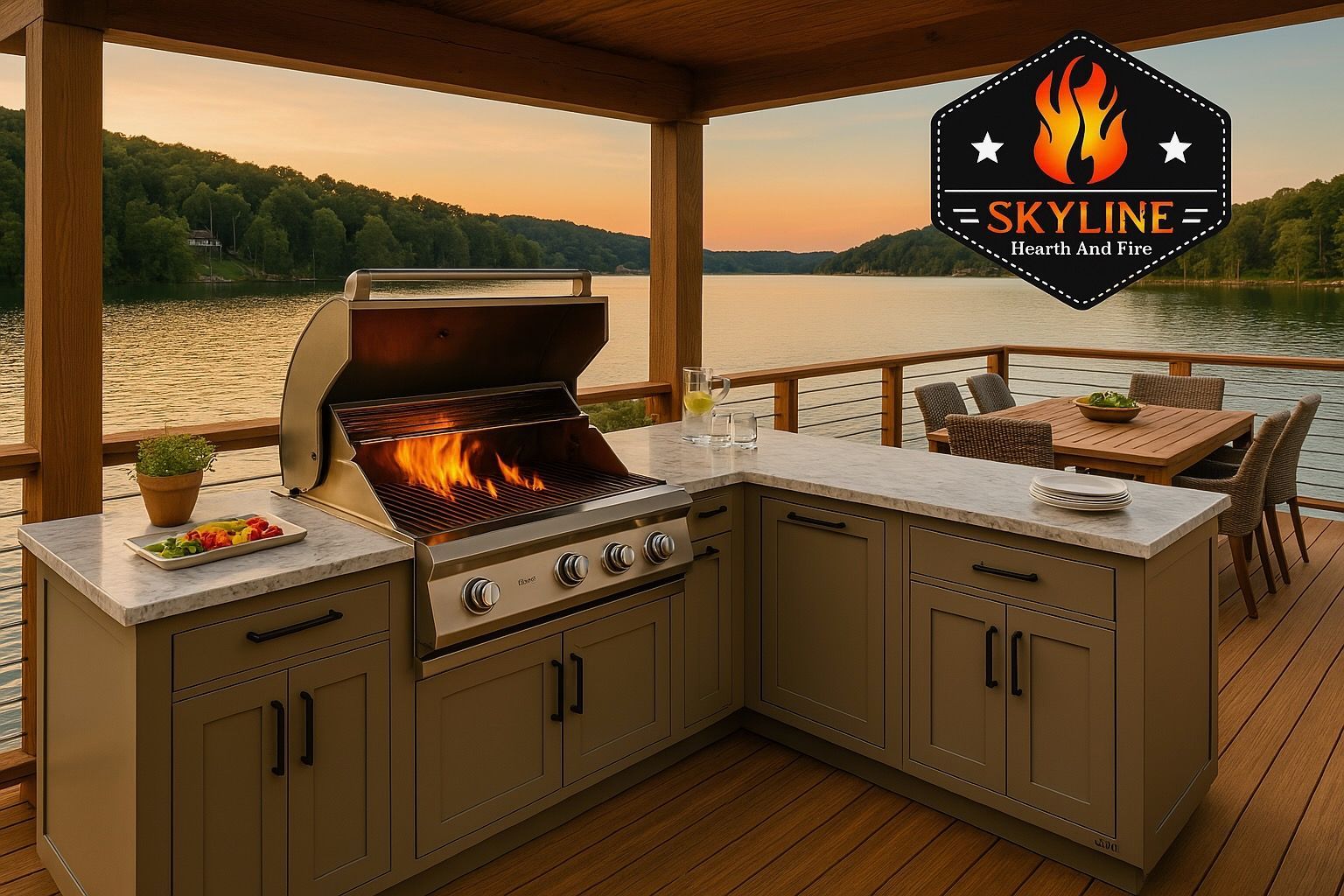 Outdoor kitchen on a covered deck with built-in grill, counter space, and lakeside view at sunset