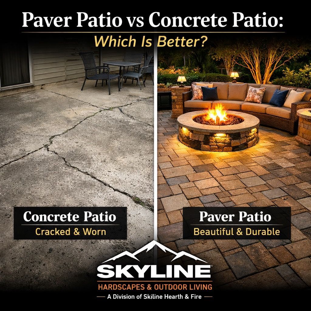 Side-by-side patio comparison: cracked concrete patio vs warm paver patio with fire pit and seating