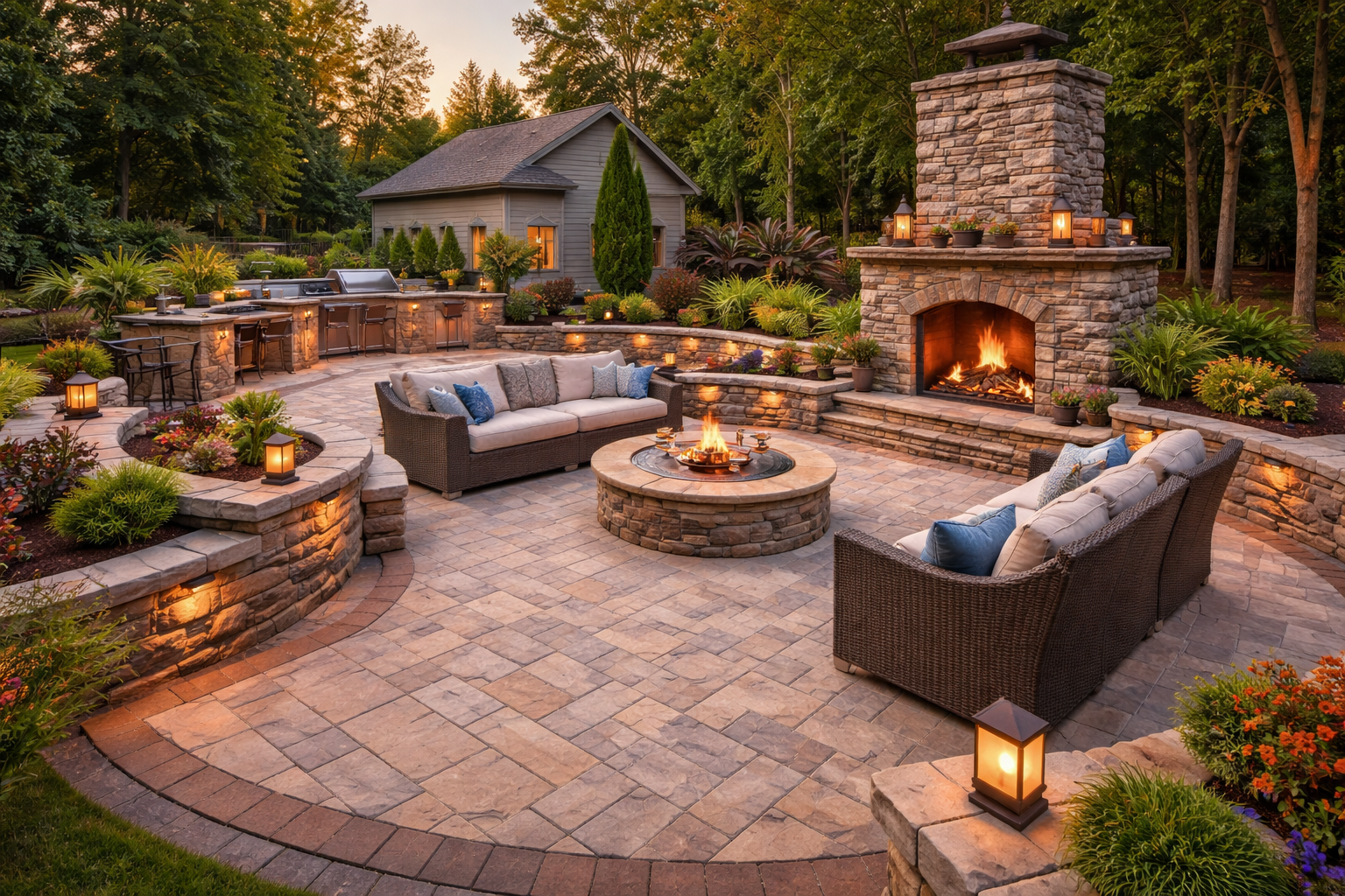 Cozy backyard patio with fire pit, sectional seating, stone fireplace, and warm lantern lighting at dusk