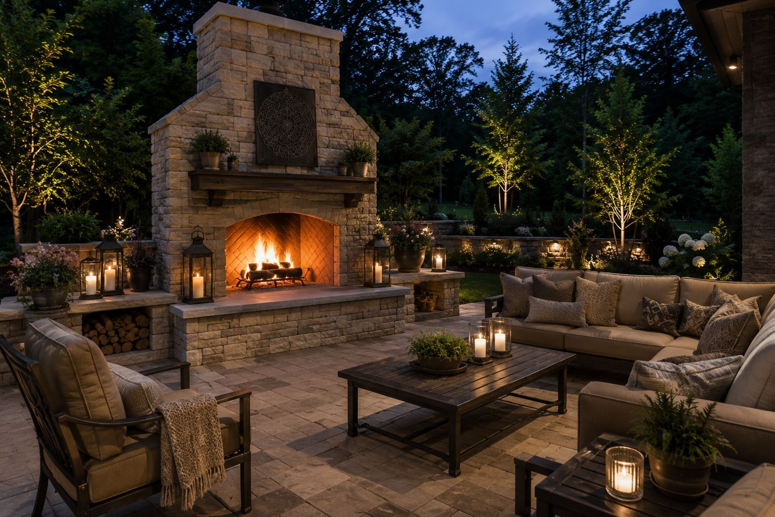 Cozy stone patio with outdoor fireplace, cushioned seating, lanterns, and warm evening lighting