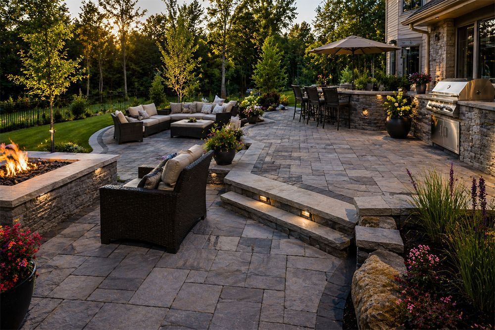 Patio with stone steps, outdoor seating, potted plants, and a lit fire pit at dusk