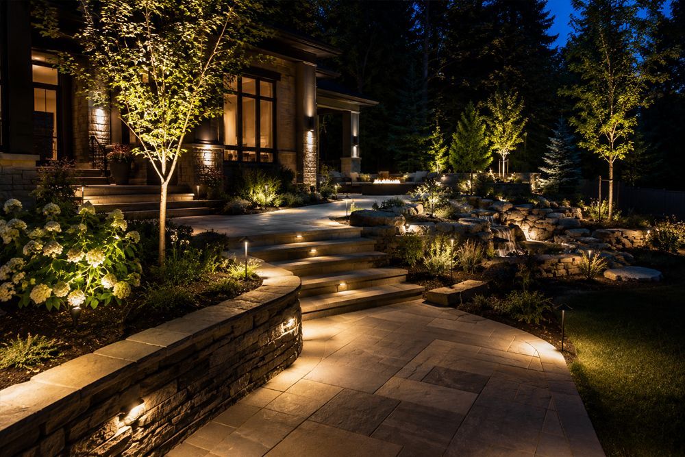 A lit stone pathway through a landscaped garden beside a house at night