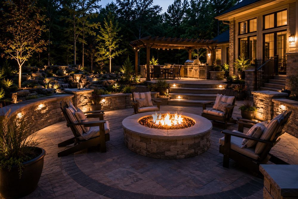 Cozy stone patio at night with a fire pit, Adirondack chairs, and warm garden and house lighting