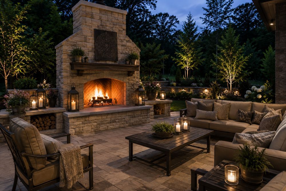Cozy stone patio at night with a fire pit, Adirondack chairs, and warm garden and house lighting
