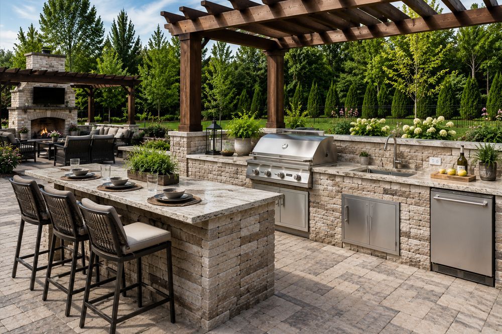 Outdoor stone patio kitchen with grill, bar seating, pergola, and fireplace surrounded by trees