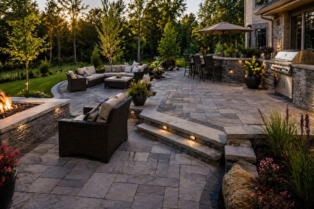 Stone patio backyard with outdoor seating, fire pit, and steps leading to a lit house at dusk