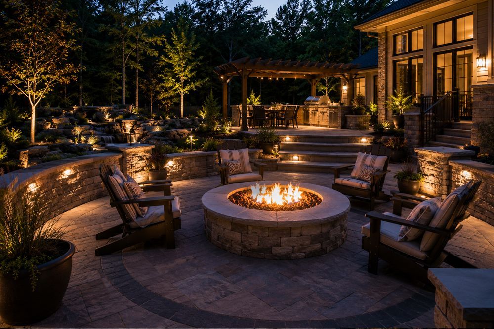 Cozy backyard patio with a circular fire pit, Adirondack chairs, stone paths, and warm evening lighting