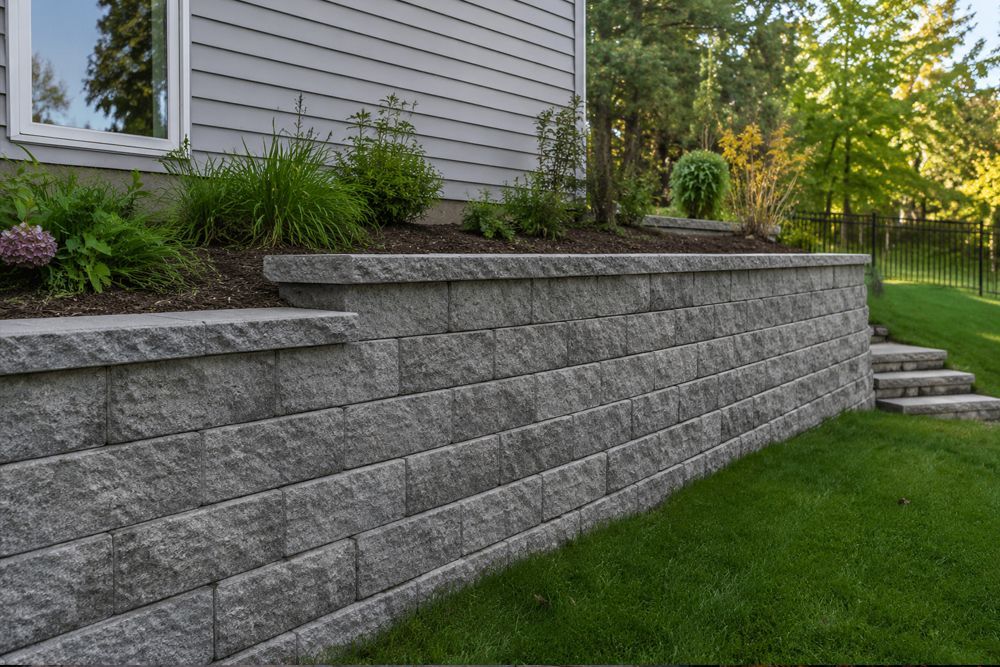 Gray stone retaining wall beside a house with shrubs and green lawn in a landscaped yard