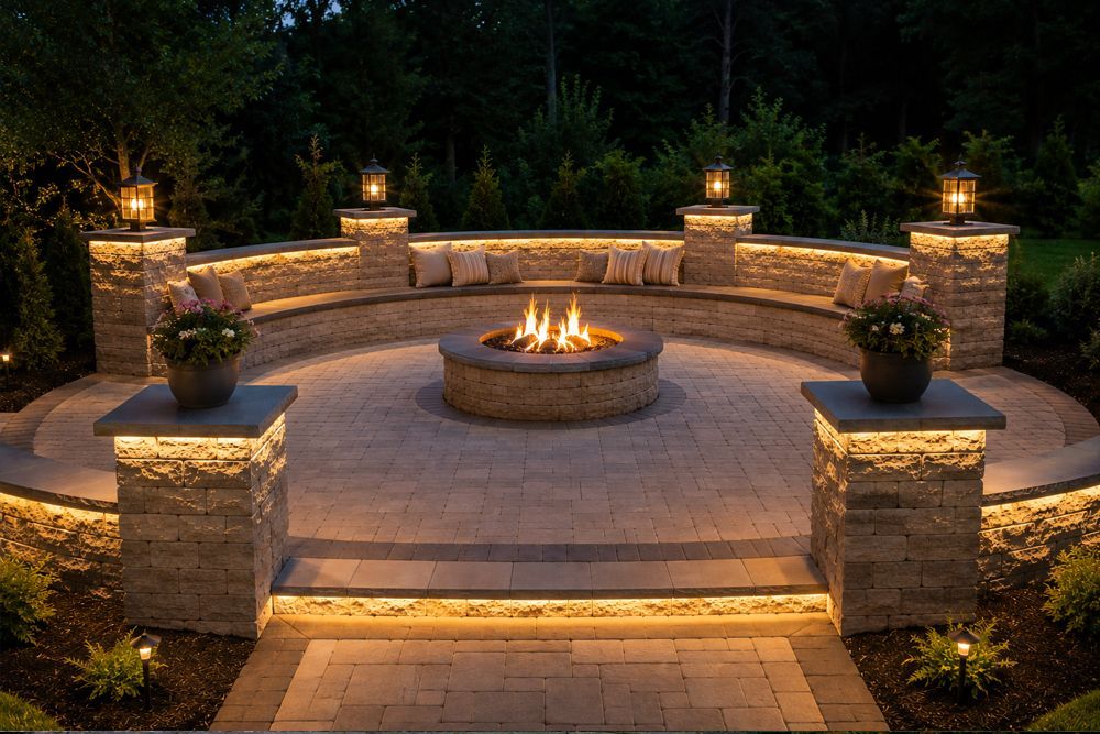 Outdoor stone fire pit with curved seating and lantern-lit planters at dusk