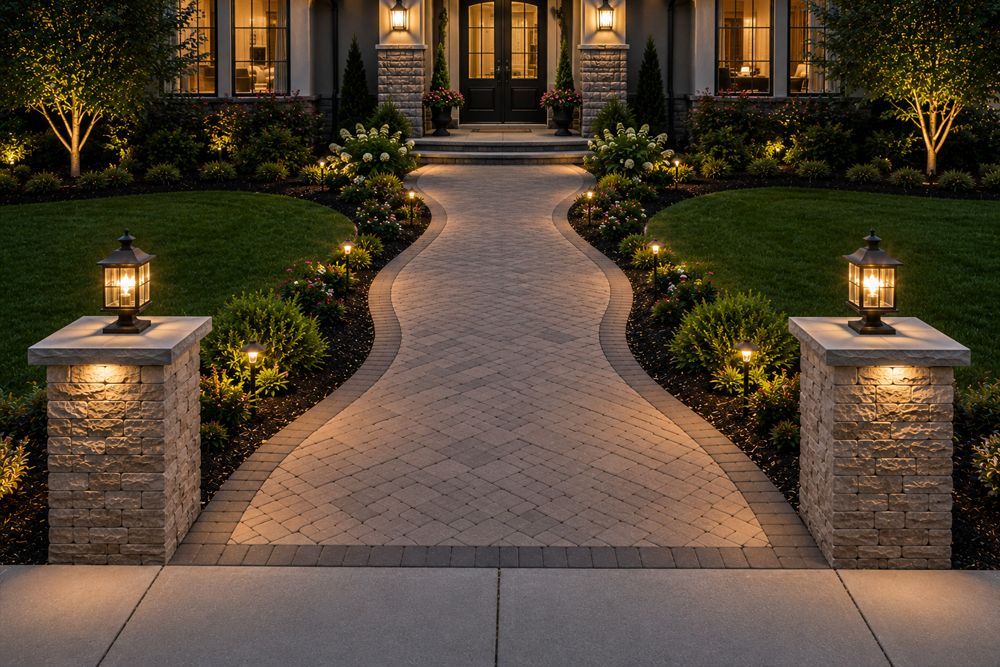 Illuminated stone walkway leading to a front door, flanked by manicured hedges and lanterns at night