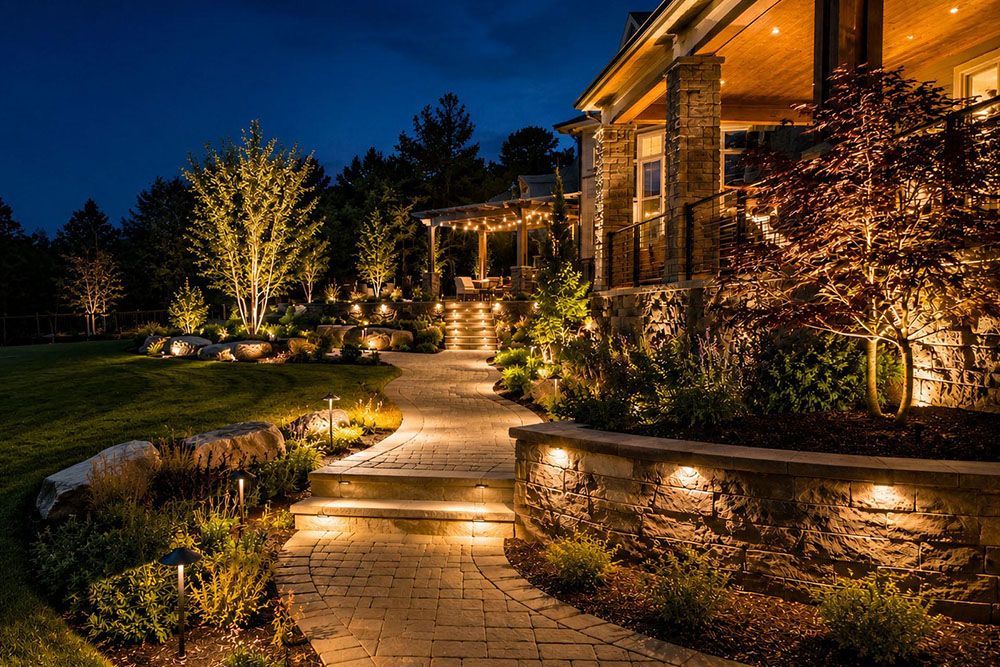 Illuminated stone walkway beside a lit house and landscaped garden at night