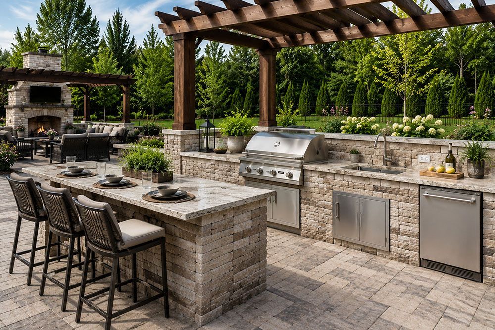 Outdoor stone patio kitchen with grill, bar seating, pergola, and fireplace surrounded by trees