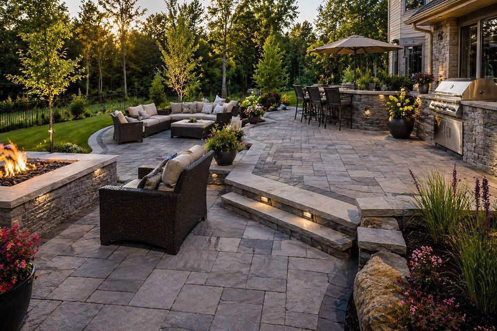 Backyard patio with stone paving, wicker seating, fire pit, and steps leading to a house at dusk