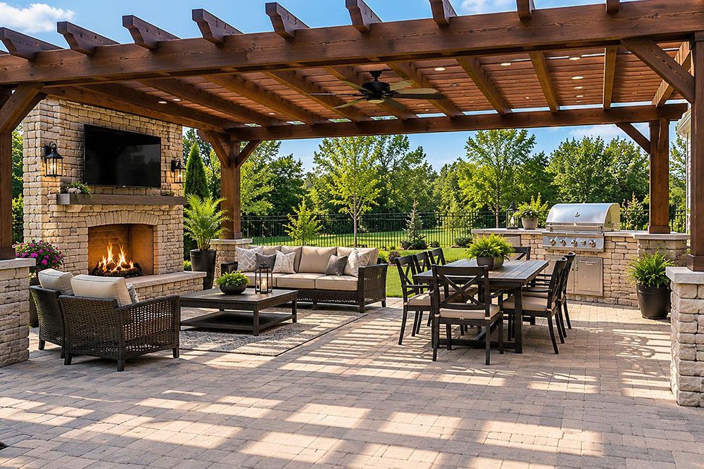 Covered patio with stone fireplace, seating, and dining table under a wooden pergola in a landscaped backyard
