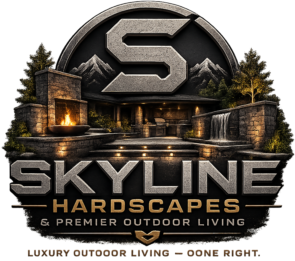 Skyline Hardscapes logo with stone S emblem, waterfall, trees, and tagline for luxury outdoor living