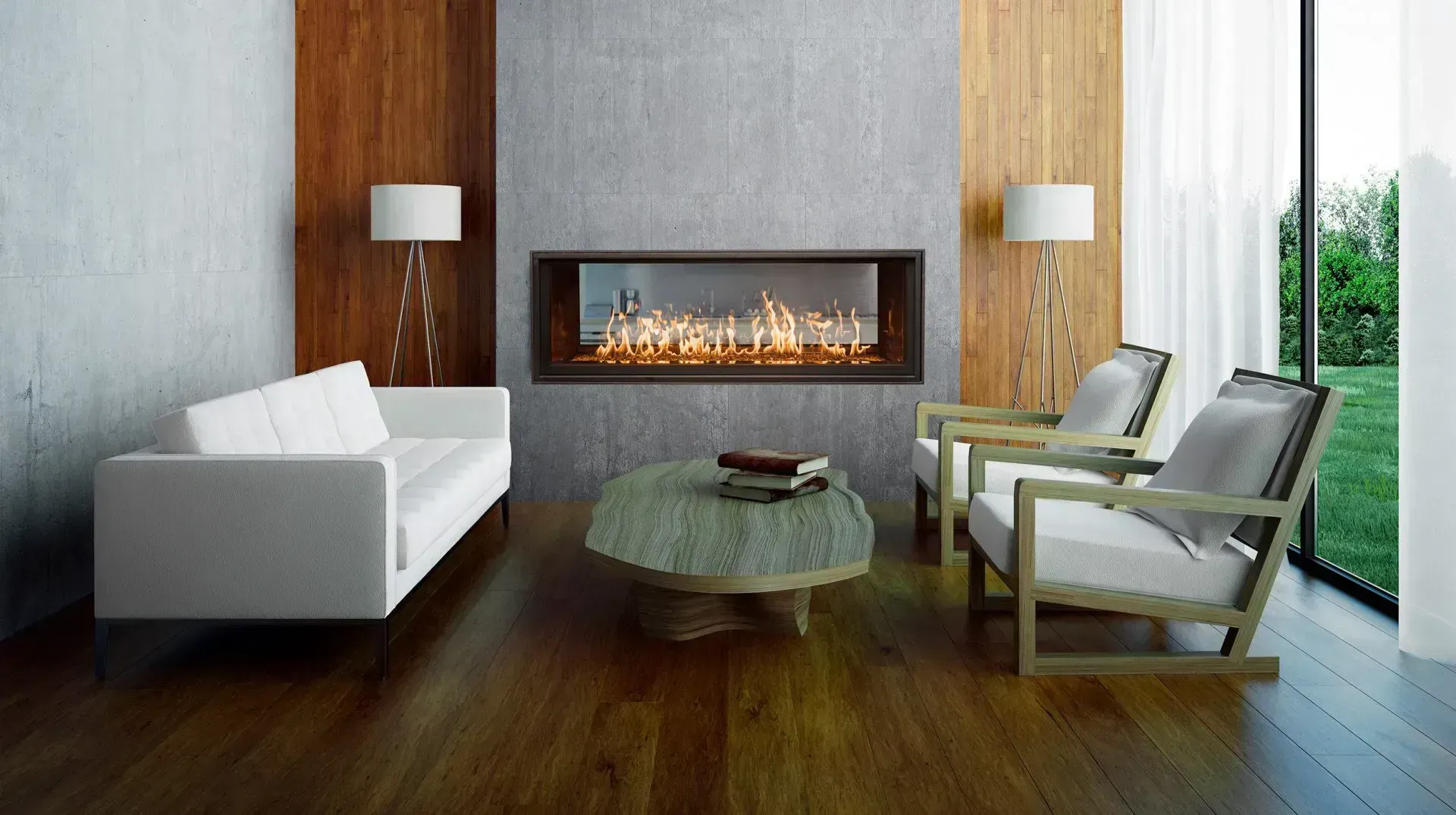 Living room with a modern fireplace, white sofa, wooden chairs, and a round coffee table.