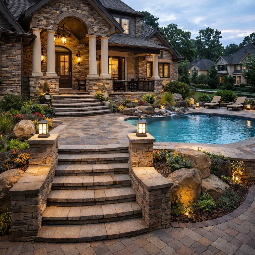 stone house exterior with pool, stone steps, landscaping, and outdoor lighting