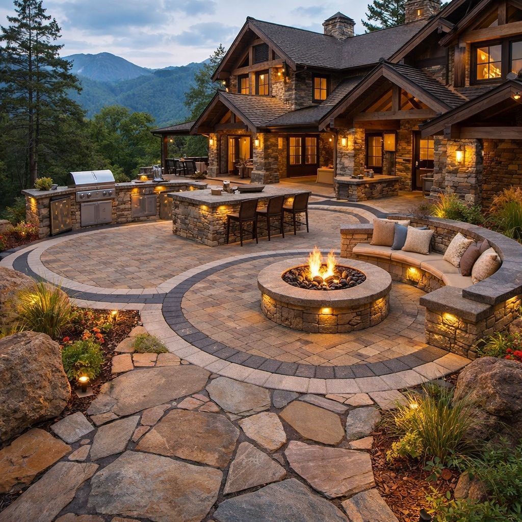 outdoor patio with built-in fire pit, seating, and kitchen, surrounded by stonework, overlooking mountains