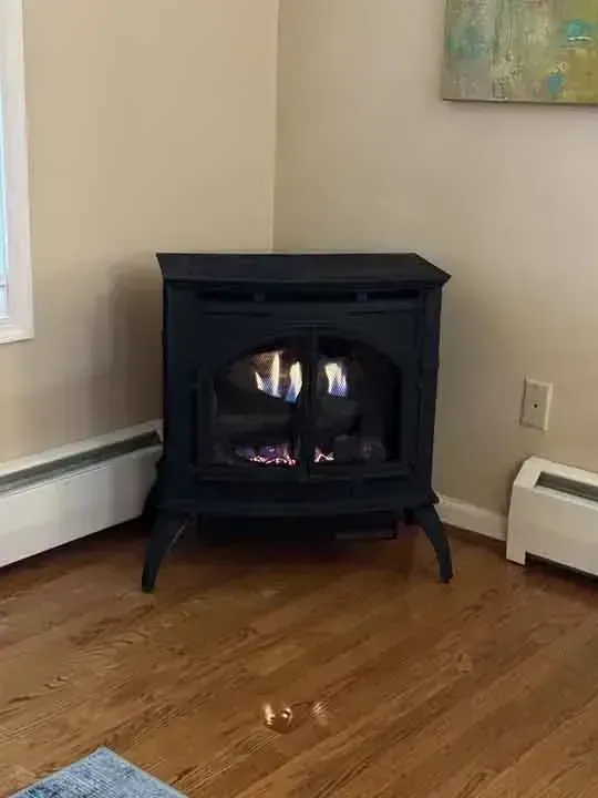 Black gas fireplace in corner of room with hardwood floor and beige walls.