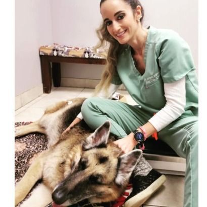 A healthcare worker in green scrubs sits on a floor, gently petting a large German Shepherd dog resting on a rug.