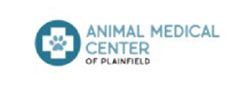 Logo for Animal Medical Center of Plainfield featuring a blue circle with a white medical cross and a paw print inside.