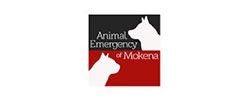 Logo for Animal Emergency of Mokena with white silhouettes of a dog and a cat on a black and red background.
