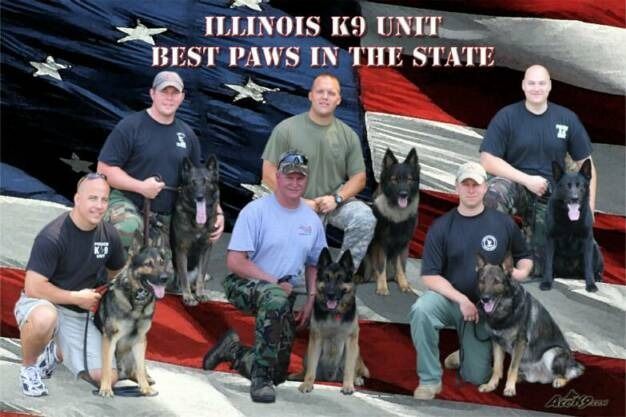 Five officers kneel or sit with their K9 partners in front of an American flag with text: 