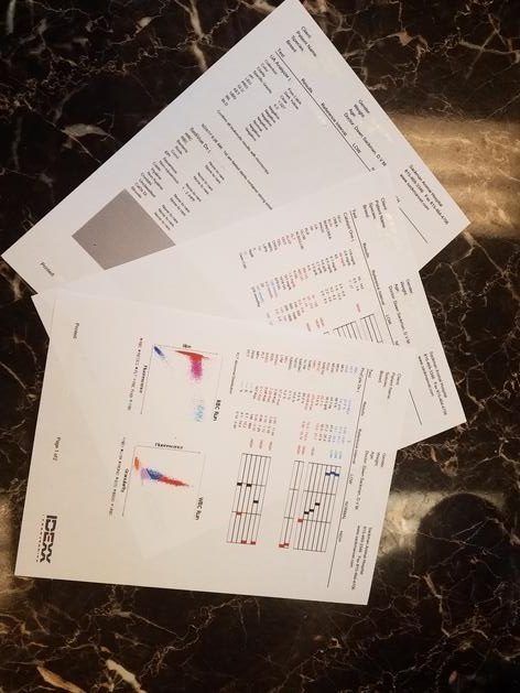 A stack of three medical flow cytometry report pages with scatter plots and data tables on a dark marble surface.