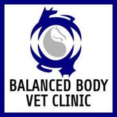 Logo for Balanced Body Vet Clinic featuring a dark blue stylized animal circle icon above the text in a white square.