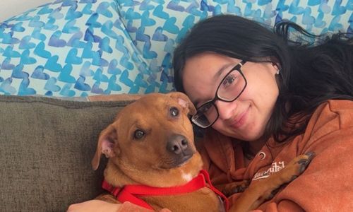 Woman in glasses cuddling a small brown dog on a couch with blue patterned pillows.