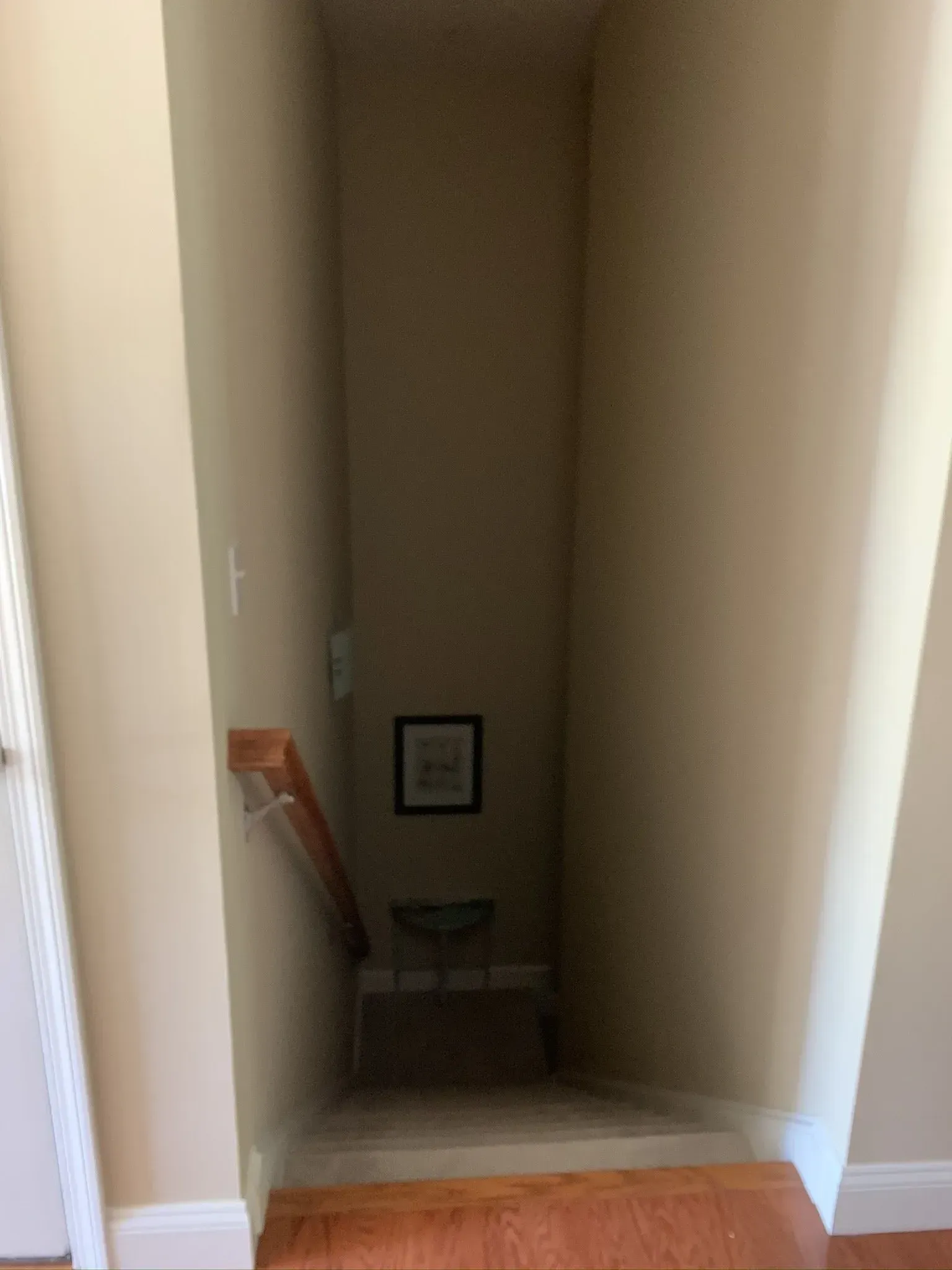 Stairwell with wooden steps and railing, beige walls, and a small framed picture.