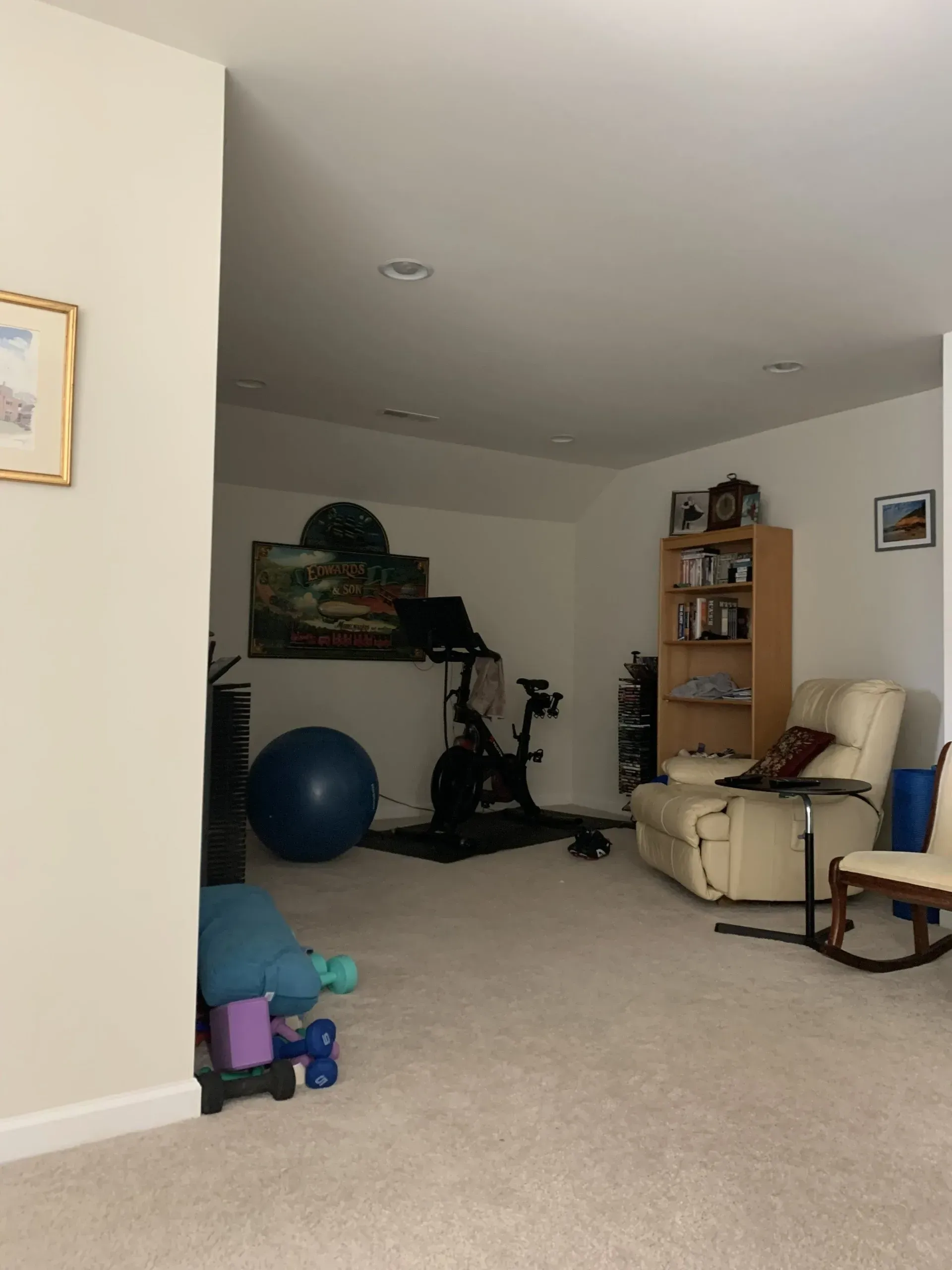 Home gym with exercise bike, workout ball, bookcase, and recliner. Beige carpet and walls.
