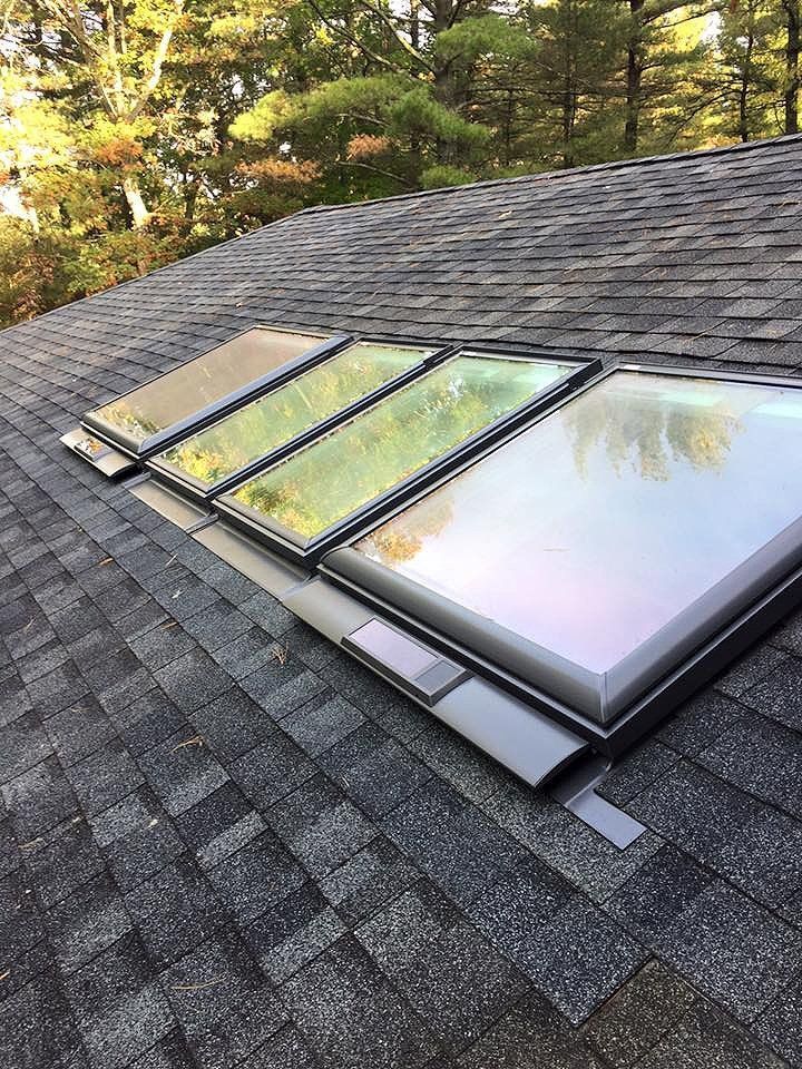 Three skylights on a dark gray shingled roof, trees in the background.