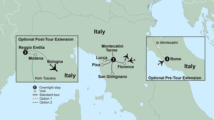 Map of Italy showing tour destinations: Rome, Florence, Pisa, San Gimignano, Bologna, and optional extensions.