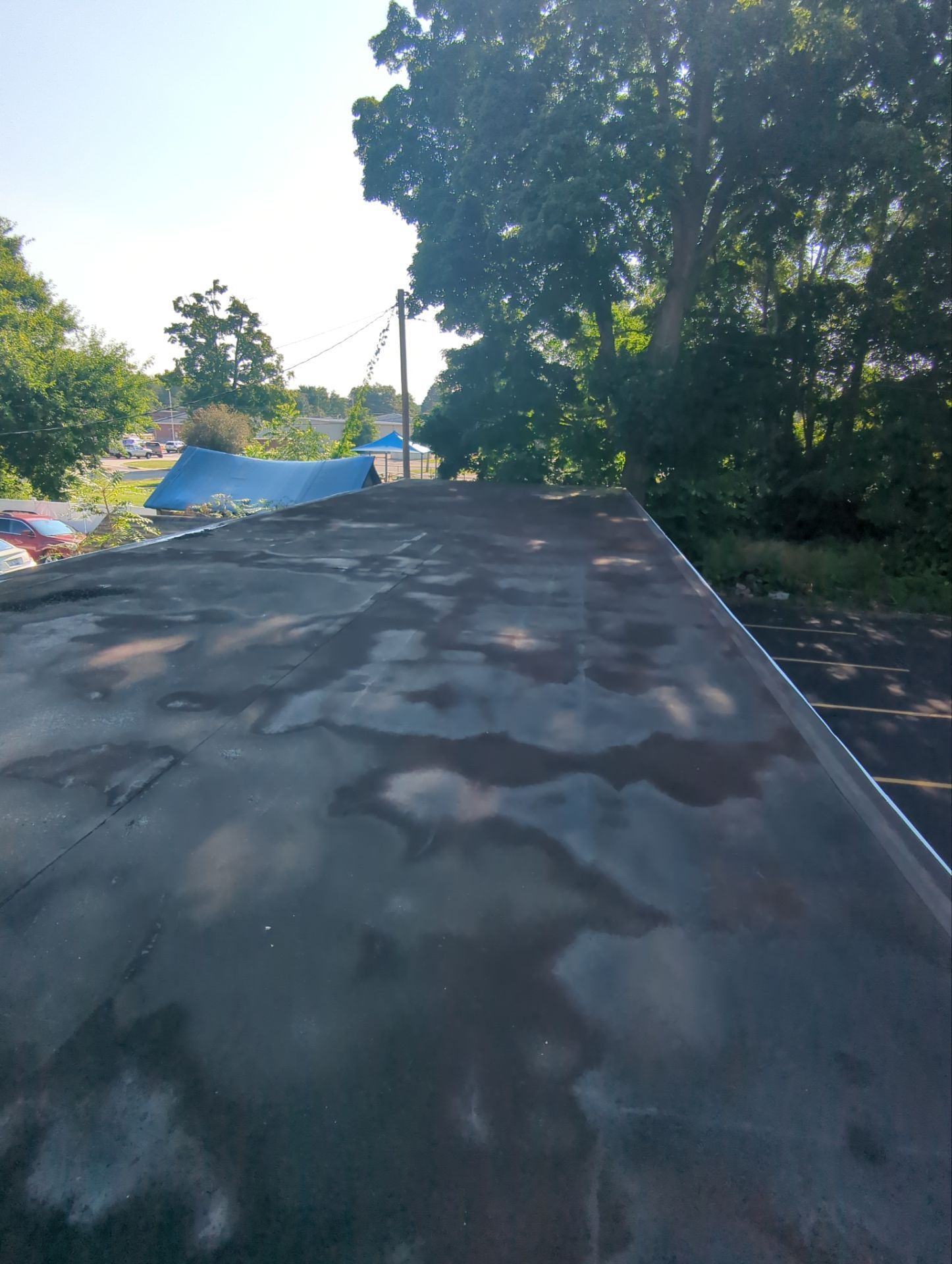 A weathered, flat rooftop surface showing signs of wear, with trees and a blue structure visible in the background.