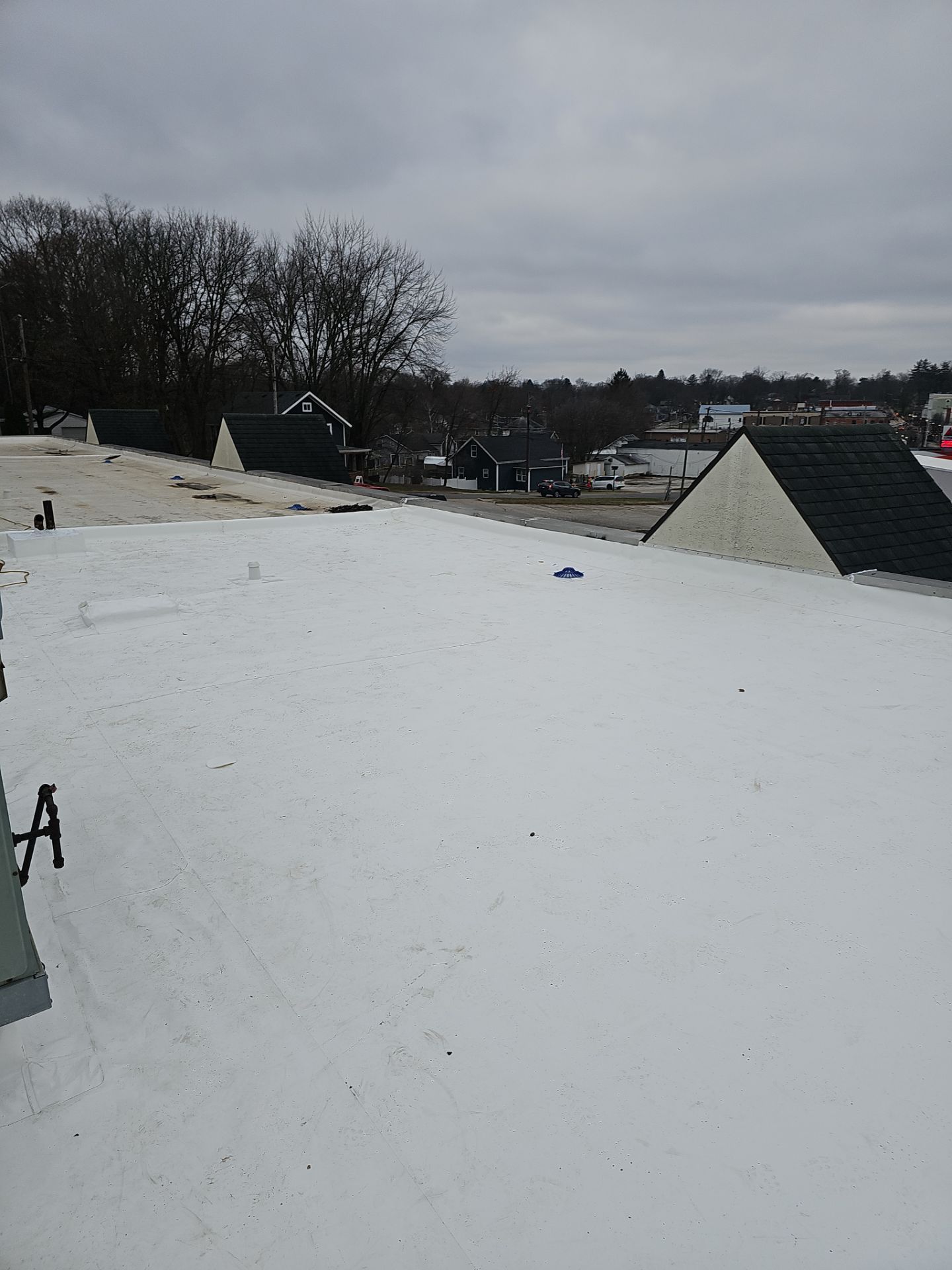A flat, white roof surface covered in a light dusting of snow, with dark, gabled roofs and trees visible in the background.