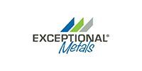 Logo for Exceptional Metals featuring the text with three diagonal bars in blue, green, and gray above it.