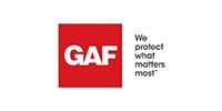 The GAF logo featuring white text on a red square with the tagline