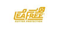 Gold logo for LeaFree Gutter Protection featuring stylized text and leaf iconography.