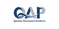 Logo for Quality Aluminum Products, featuring large stylized navy and gray letters QAP with a wave motif, on white.