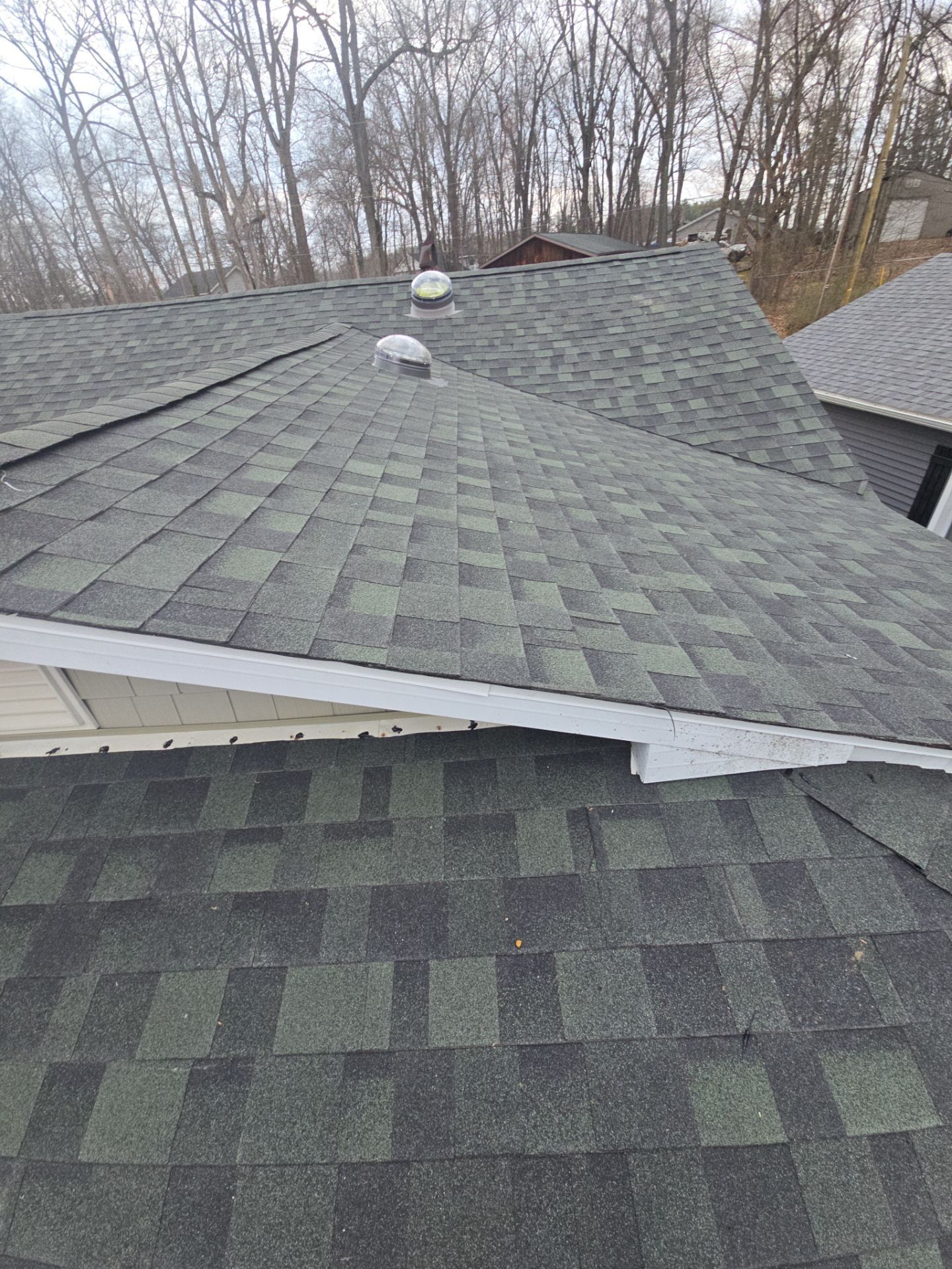 A high-angle view of two intersecting shingled roofs in shades of green and grey, with two round vents on the ridge.