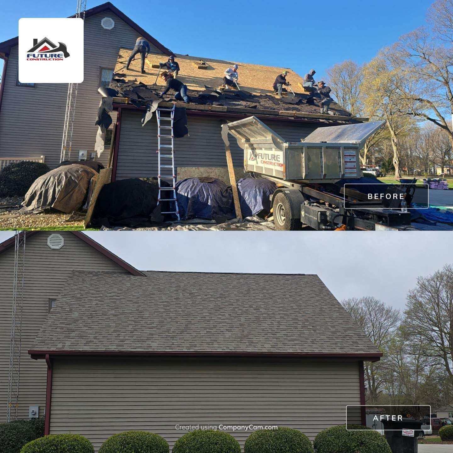 A split-screen comparison of a residential roof replacement, showing a construction crew at work before and the finished roof.