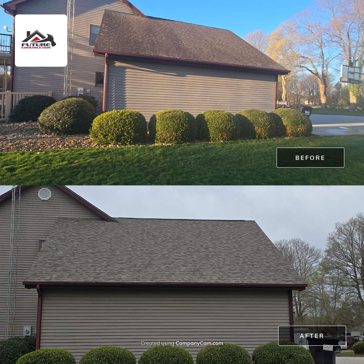 Before and after view of a house roof cleaning service, showing a cleaner shingle roof with removed dark stains.