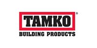 Logo for TAMKO Building Products featuring black text in a red rectangular border with