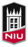 A logo for niu university with a castle and a crown on it.