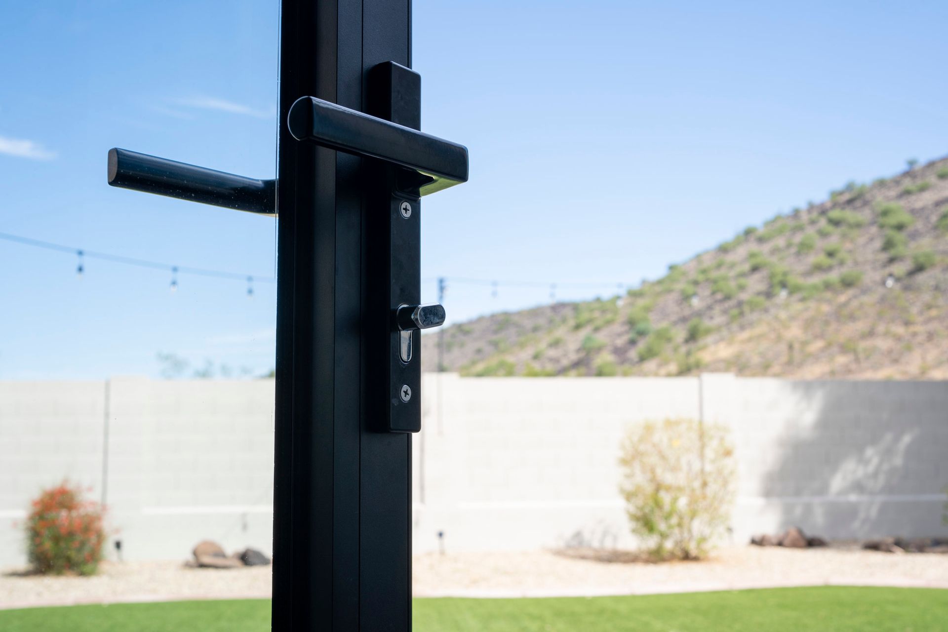 Black door handle on a glass door, backyard with a mountain backdrop on a sunny day.