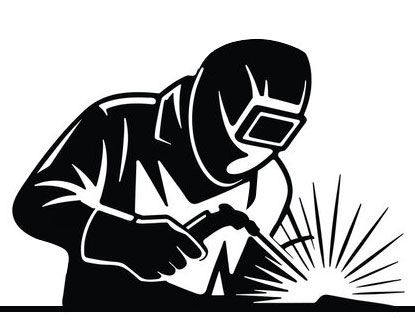 A black-and-white graphic of a welder in protective gear using a torch to create sparks on a metal surface.